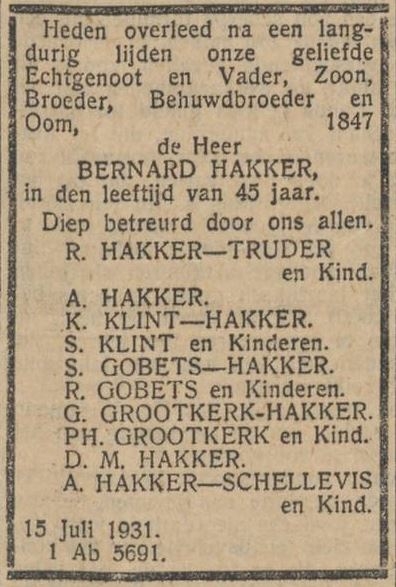 Overlijdensbericht van Bernard Hakker uit het NIW van 17 juli 1931  