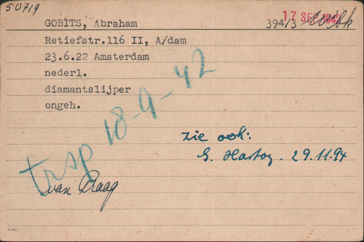 Kaart Joodse Raad van zoon Abraham Gobits, bron: Arolsen Archives  