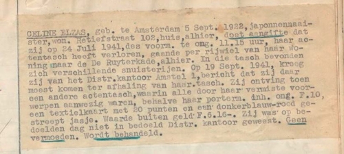 Politiebericht van vrijdag 19 september 1942 mbt Celine Elzas, bron: Indexen SAA  