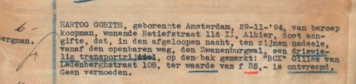 Fragment uit het politierapport m.b.t. Hartog Gobits van 18 okt. 1940 van Bureau Jonas D. Meyerplein, bron: Indexen SAA  