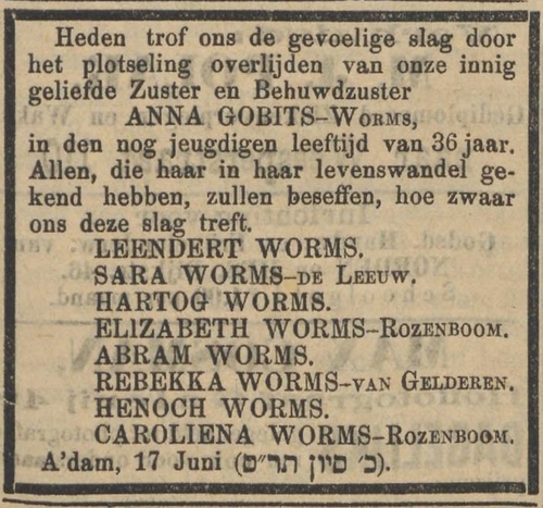 Familiebericht van de familie Worms na het overlijden van Hanna Gobits – Worms, bron: het NIW van 22 juni 1900.  