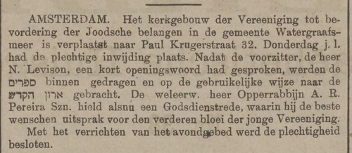 Inwijding gebedshuis Krugerstraat, bron: Weekblad voor Israëlietische huisgezinnen; uitgegeven vanwege de Vereeniging van Joodsche Wetenschappen te Rotterdam, jrg 42, 1911, no. 38, 22-09-1911  