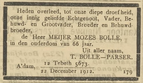 Rouwadvertentie voor Meier M. Bolle, bron: Centraal Blad voor Isr, in Nederland van  27 dec. 1912  