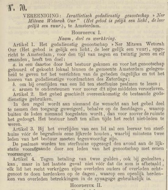 Oprichting van de Vereniging Ner Mitswo etc. in 1884, bron: De Staatscourant van 1 maart 1884  