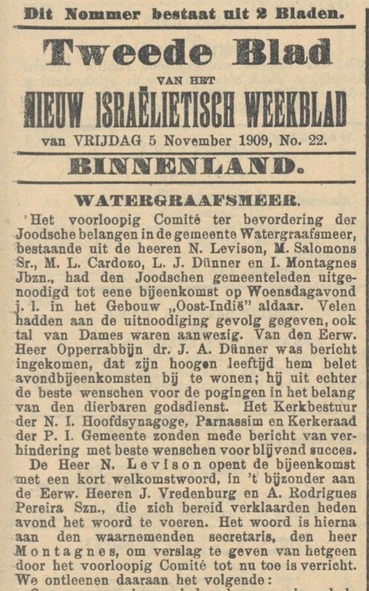 Oprichtingsbijeenkomst van B.M.G. Watergaafsmeer, bron: het NIW van 5 nov. 1909  
