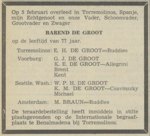 Overlijdensbericht van Barend de Groot, bron: NRC Handelsblad van 12 februari 1971  
