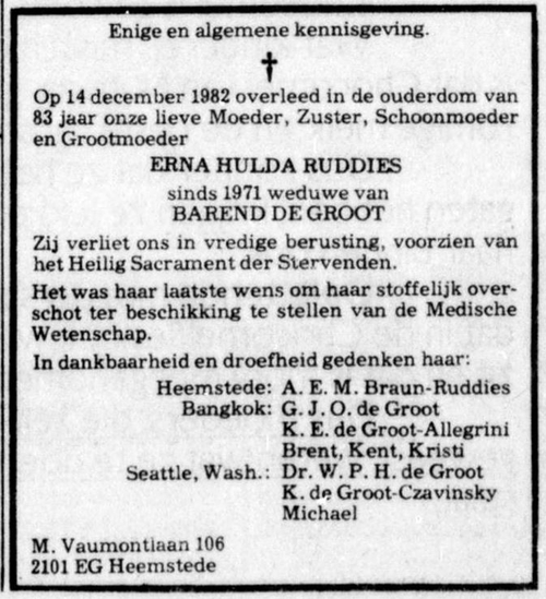Overlijdensbericht van Erna de Groot – Ruddies, bron: De Telegraaf van 21 december 1982   