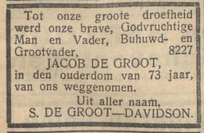 Familiebericht n.a.v. het overlijden van Jakob de Groot, bron: het NIW van  4 mei 1935  