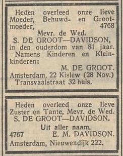 Twee familieberichten n.a.v. het overlijden van Sara de Goort – Davidson, bron: Het NIW van 30 nov. 1934  