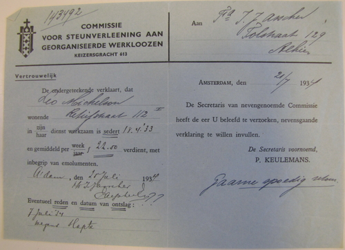 Ontslagbewijs van Leo, getekend door J.J. Asscher, bron: dossier van Maatschappelijke Steun van Leo Michelson.  