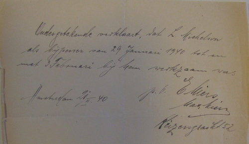 Briefje van Miers waarin hij aangeeft dat Leo bij hem als bijperser heeft gewerkt, bron: dossier van Maatschappelijke Steun van Leo Michelson  