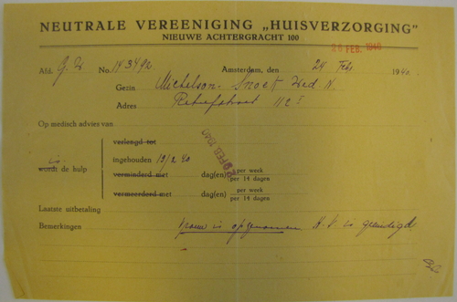 Formulier, dd. 24 feb. 1940, van “De Neutrale Vereeninging Huisverzorging”, bron: dossier van Maatschappelijke Steun van Leo Michelson.  