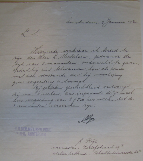 Handgeschreven brief van Abraham Rijz, bron: dossier van Maatschappelijke Steun van Leo Michelson.  