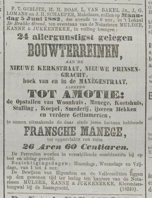 Adv. in het Algemeen Handelsblad van 23 mei 1882 over de verkoop van bouwgrond van de voormalige Fransche Manege.   