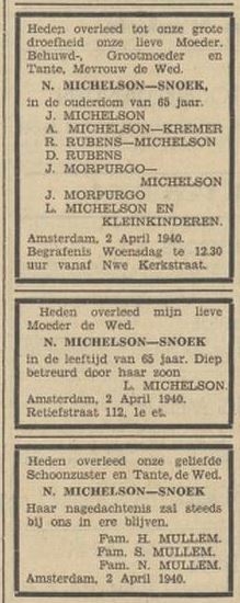 Familieberichten ter gelegenheid van het overlijden van Naatje Snoek, weduwe van Wilhelm Michelson, bron: Utrechts Volksblad van 3 april 1940   
