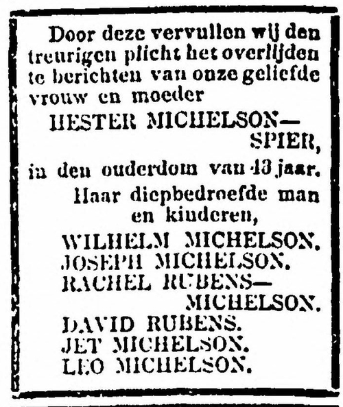 Overlijdensbericht van Hester Michelson – Spier, eerste vrouw van Wilhelm, op ca. 8 mei 1916.  