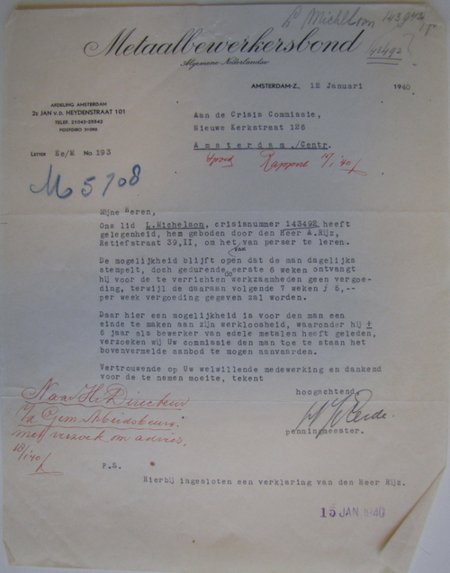 Brief van de vakbond gericht aan de Crisis Commissie, bron: dossier van Maatschappelijke Steun van Leo Michelson.  