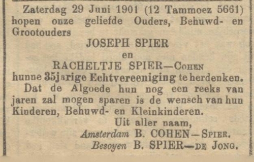 Familiebericht t.g.v. 35 jarig huwelijk Joseph Spier en Racheltje Cohen, bron: NIW van 28 juni 1901  