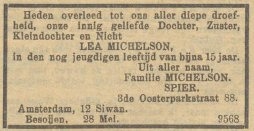 Overlijden van dochter Rebecca Lea op 27 mei 1912, bron: het NIW van 31 mei 1912  