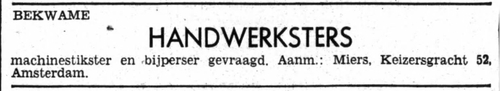 Adv. van de firma Miers, Keizersgracht 52, bron: Het Volk, van 3 jan. 1940  