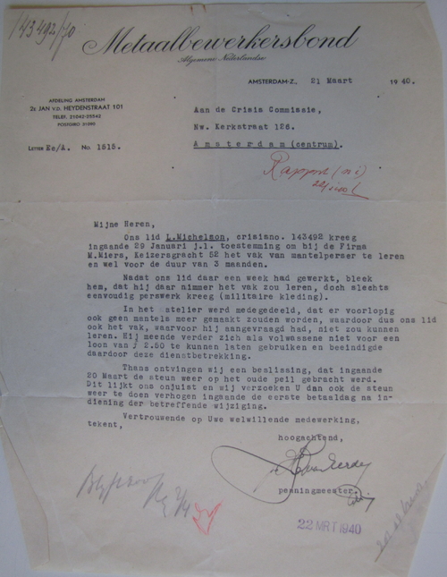 Brief van de Vakbond van 21 maart 1940, bron: dossier MS van Leo Michelson.  