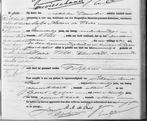 Geboorte en erkenning van Filippus op 6 december 1897 bron: geboorteregister Rotterdam.  