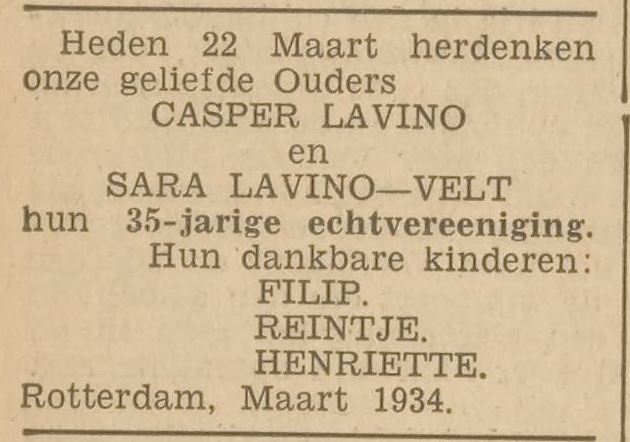 Gelukwens t.g.v. 35 – jarig huwelijk van Casper en Sara van hun dankbare kinderen, bron: Het Volk van 22 maart 1934  