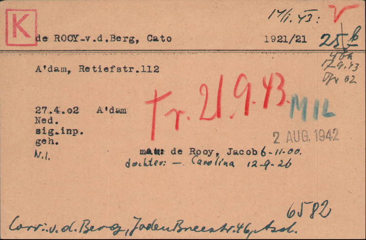 Kaart Joodse Raad van Cato de Rooij – van den Berg, bron: Arolsen Archives   