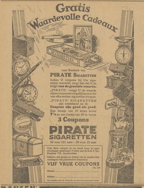 Advertentie voor de Pirate sigaretten van de BAT, bron: De Amstelbode van 24 augustus 1927  