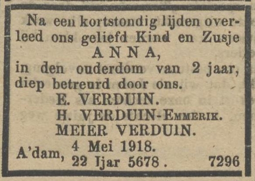 Familiebericht m.b.t. het overlijden van dochter Anna Verduin, bron: het NIW van 10 mei 1918  