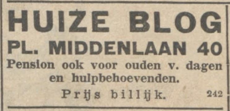 Advertentie voor Huize of pension Blog, bron: het NIW van 12 mei 1939.   