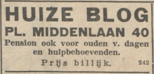 Advertentie voor Huize of pension Blog, bron: het NIW van 12 mei 1939.   