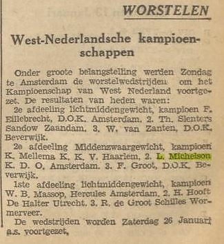 Eerste gevonden melding over worstelaar Leo Michelson, bron: de Nieuwe Haarlemsche Courant van 21 jan. 1935  