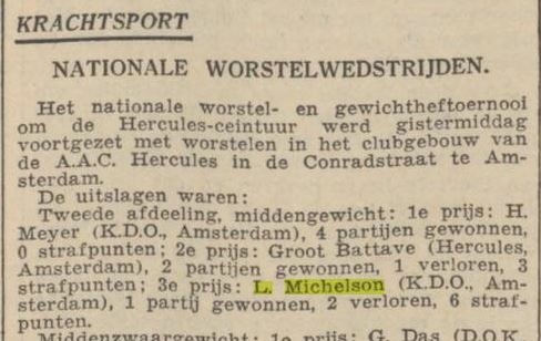 Nationale Wedstrijd met Leo in de worstelwedstrijd, bron: Algemeen Handelsblad van 07 okt. 1935  