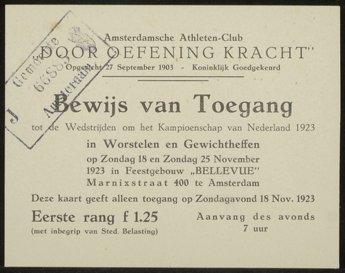 Nederlandse kampioenschappen Worstelen en Gewichtheffen door D.O.K., bron: SAA, inv.nr. 30581 – 43  