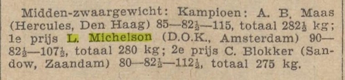 KRACHTSPORT KAMPIOENSCHAPPEN VAN AMSTERDAM Leo wint de eerste prijs, bron: Algemeen Handelsblad van 10 jan. 1938  