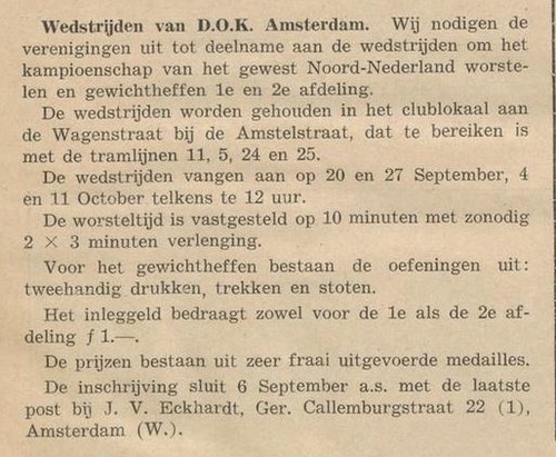 Aankondiging van de kampioenschappen van het Gewest Noord-Nederland in september 1936, bron: Krachtsport; orgaan Ned. Krachtsportbond, jrg 17, 1936, no. 194   