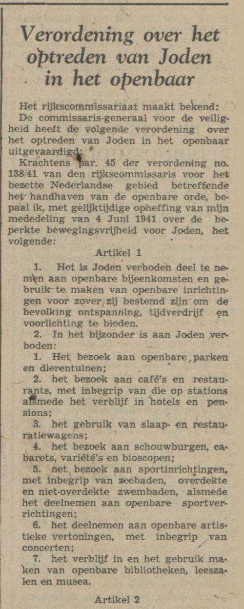 Verordening 138/41 van de Rijkscommissaris voor het bezette Nederlandse gebied, bron: De Volkskrant van 16 september 1941.  