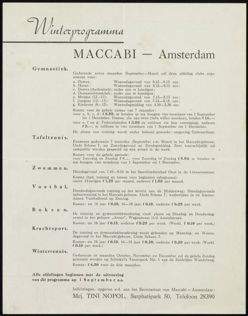 Maccabi, het winterprogramma van 1938?, bron: SAA, inv.nr. 30581 – 184  