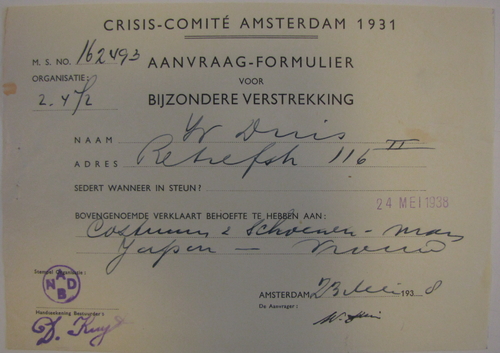 Formulier m.b.t. ‘Bijzondere Verstrekkingen’ van 23 mei 1938. Bron: Dossier Maatschappelijke Steun Willem Duis  