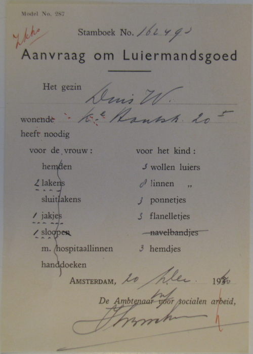 Aanvraag Luiermandsgoed voor Mietje Duis – Nabarro. Bron: Dossier Maatschappelijke Steun Willem Duis  