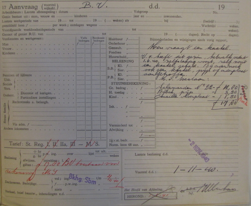 Bijzondere verstrekkingen, aanvraag via dossier van 2 nov. 1940. Het gaat om een kachel. Bron: Dossier Maatschappelijke Steun Willem Duis  