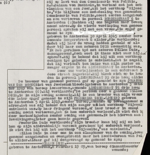 Proces verbaal van 20 juni 1942 over Willem Duis van het Bureau Joodsche Zaken, bron: Archief van de Gemeente Politie – 5225 – nr. 7309 D  