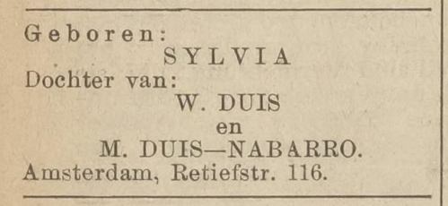 Familiebericht vanwege de geboorte van dochter Sylvia Duis, bron: het Centraal blad voor Israëlieten in Nederland van 12 november 1936  