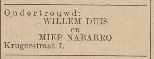 Ondertrouwbericht van Willem Duis en Mietje (Miep) Nabarro, bron: het Centraal blad voor Israëlieten in Nederland van 23 mei 1935  