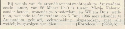 Echtscheiding uitgesproken in het huwelijk van Willem en Mietje, bron: De Staatscourant van 1 juni 1940  