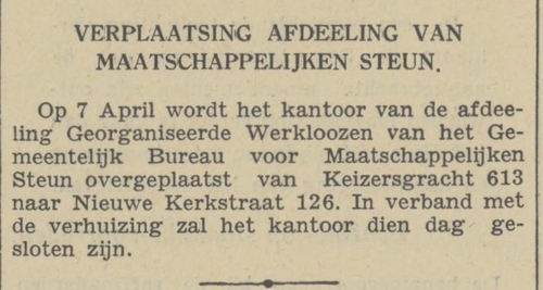 Bericht over de verhuizing van een afdeling van Het Bureau, bron: Alg. Handelsblad van 6 april 1938  