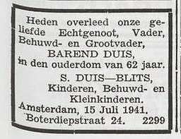 Overlijdensbericht van Barend Duis, bron: Het Joodsche Weekblad van 18 juli 1941  