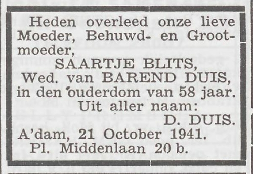 Overlijdensbericht van Saartje Duis - Blits, bron: Het Joodsche Weekblad van 24 oktober 1941  